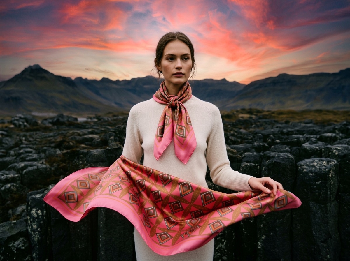 Model wearing a pink Leyni silk scarf in an Icelandic lava field at sunset